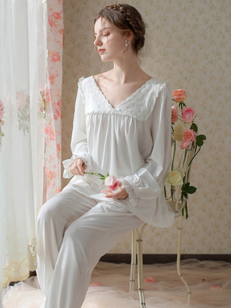 Spring Cotton Vintage Princess Long Night Loungewear French Retro Lolita Ruffles V-Neck Home Suit Sweet Lace Pajamas Sleepwear