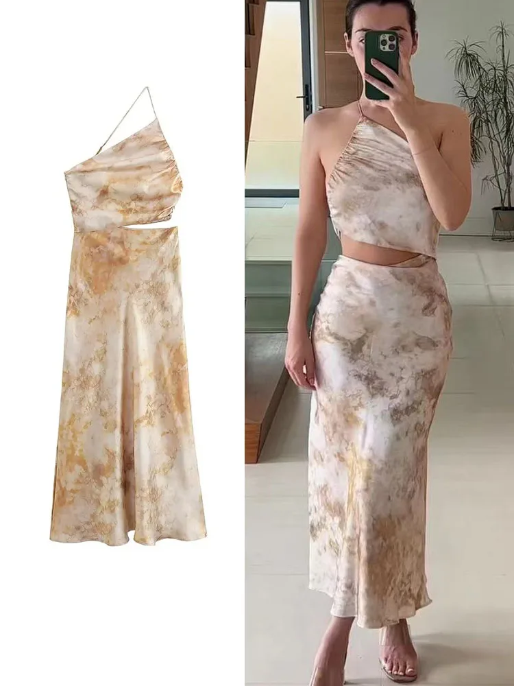 

TRAF Summer Women Chic Print Dress 2023 New Female Diagonal Collar One Shoulder Waist Hollow Out Sexy Sheath Floor-Length Dress