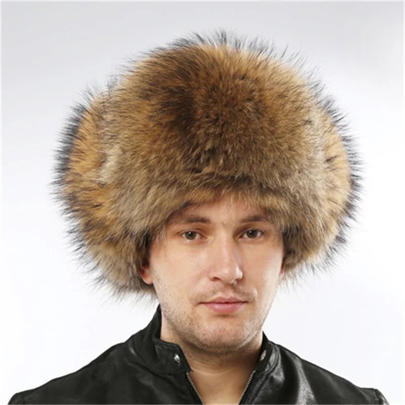 Winter Genuine Silver Fox Fur Hats Men Real Raccoon Fur Lei Feng Cap for Russian Men Bomber Hats with Real Leather Tops