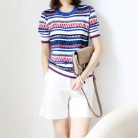 female loose pullover tops 2021 summer knitted striped tops high quality womens o neck short sleeve t shirts office lady wears