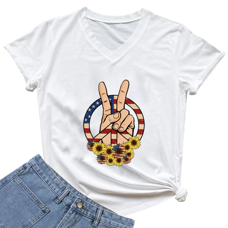 

4th-of-July V-neck T Shirt Harajuku Hip Hop Streetwear Women Casaul Fashion Tee Shirt Y2k Grunge Tops Vintage Camiseta Mujer