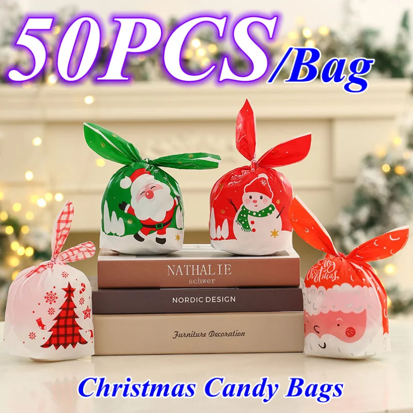 

50pcs Rabbit Ear Christmas Candy Bags Plastic Carton Santa Claus Snowman Candy Bags for Xmas Cookies Gifts Packing Supply