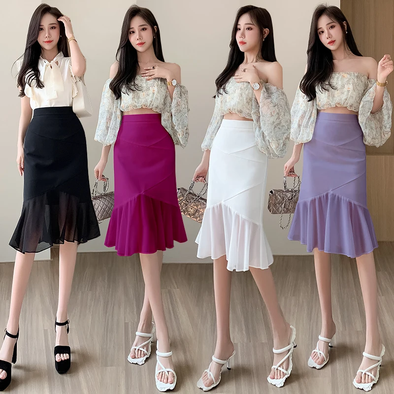 

Fashion Irregular Trumpet Skirt Women 2023 Summer Formal Chiffon Patchwork Hip Skirt Female Korean Style Elegant Zipper Faldas