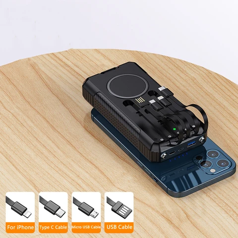 Беспроводной аккумулятор на солнечной батарее 33800 мАч, 40 Вт, сверхбыстрая зарядка, Powerbank для iPhone 16 15 Xiaomi Samsung, портативное зарядное устройство с кабелем