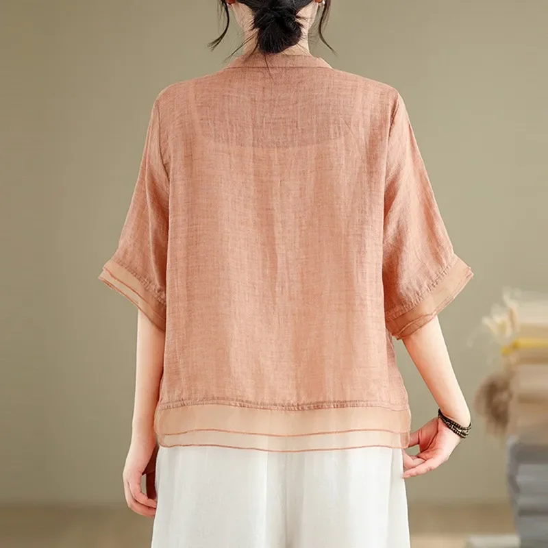 Женская летняя повседневная рубашка винтажный стиль 2024 v-образный вырез