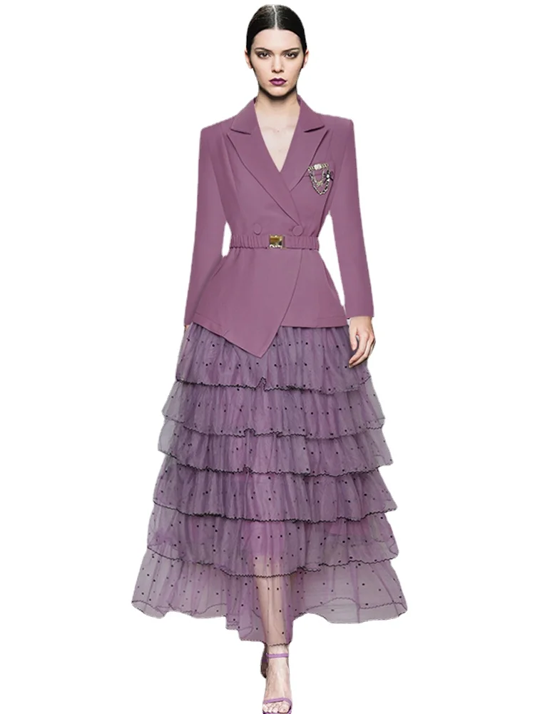 

Дизайнерский весенне-осенний Новый Дизайнерский Костюм с поясом Топ сетчатая юбка элегантные винтажные шикарные высококачественные модные офисные женские комплекты