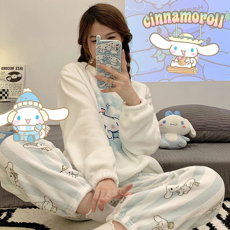 

Кавайная Sanrio Cinnamoroll плюшевая Пижама осень-зима мультяшный принт утолщенный сохраняющий тепло коралловый флис Повседневный домашний костюм...
