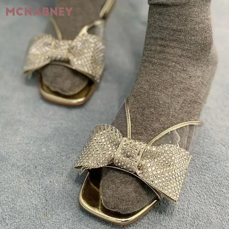 Rhinestone Bow Flat Slippers Summer New Open Toe Sandals Square Toe Transparent Temperament Flat Bottom Fashion Women's Sandals