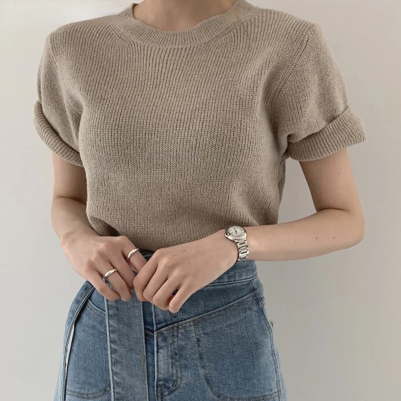 

Colorfaith New 2021 Women Summer T-Shirt Bottoming Basic Solid Fashionable Knitted Minimalist Style Korean Wild Lady Tops T2422