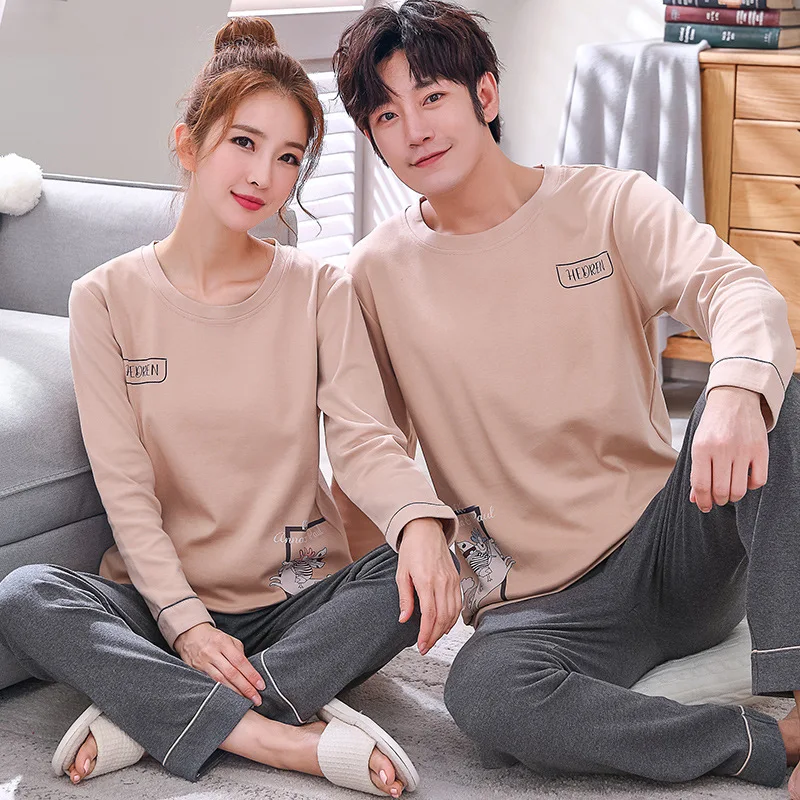 

Men Clothing Autumn 100% Cotton Couple Pajamas Men Women's Pijama Lady Pajama Sets Fashion Lounge Sleepwear Gift