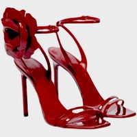 sexy side red rose flower thin straps peep toe sandals cutout thin high heels patent leather party dress sandals