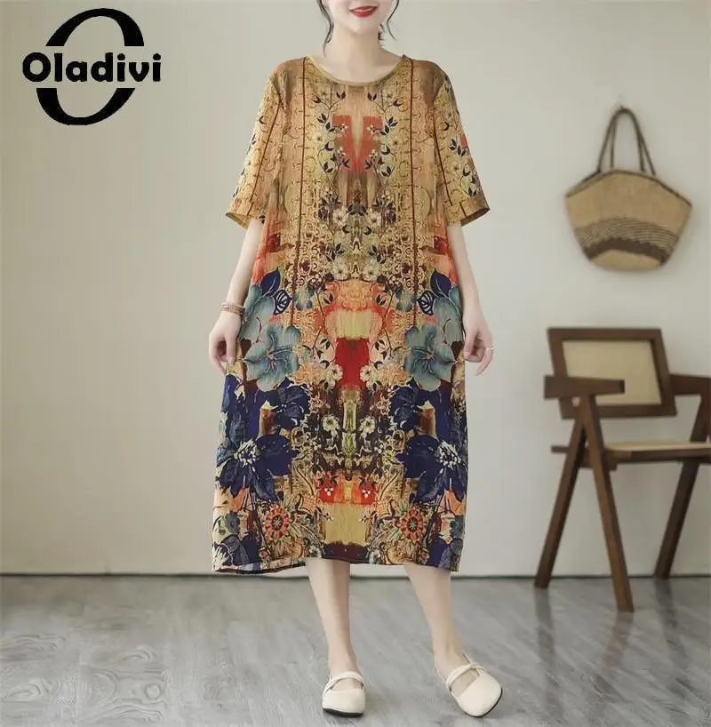 

Oladivi модное женское платье с принтом с коротким рукавом из искусственного шелка 2023 Летние повседневные свободные платья винтажная Женская ...