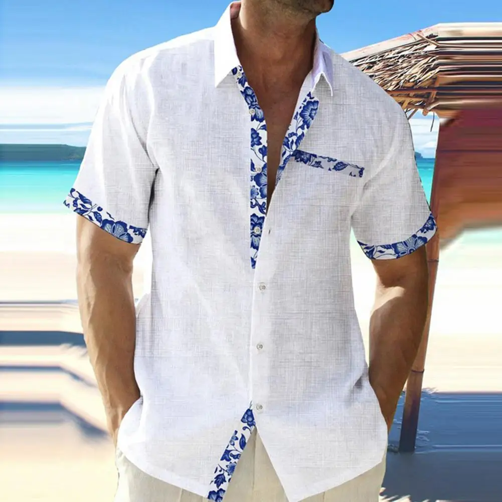 

Модная мужская Гавайская льняная рубашка, мужская повседневная однотонная пляжная рубашка с принтом и карманом, с короткими рукавами, искусственная кожа 5XL, новинка