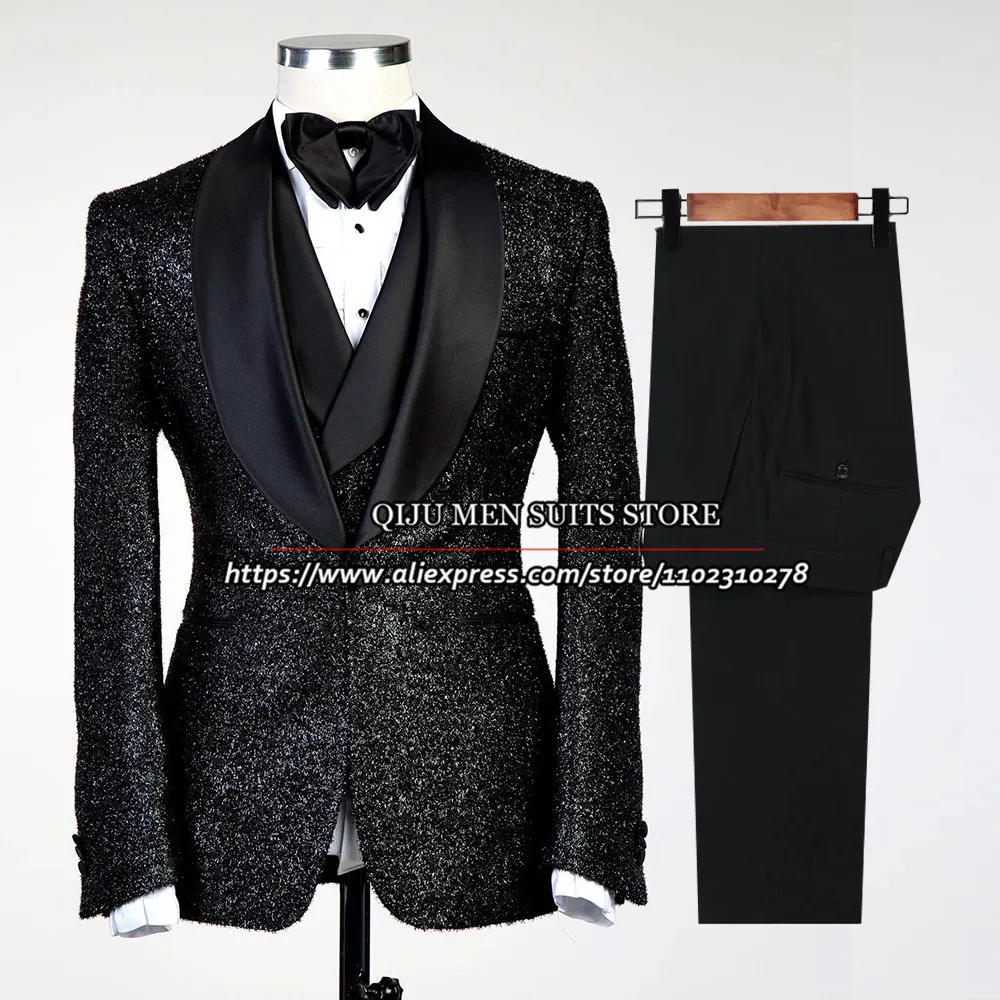 

Блестящие мужские костюмы, официальная одежда для жениха, свадебный смокинг, черный блейзер с заостренным лацканом, искусственное элегантное платье, банкетное деловое платье, 3 предмета