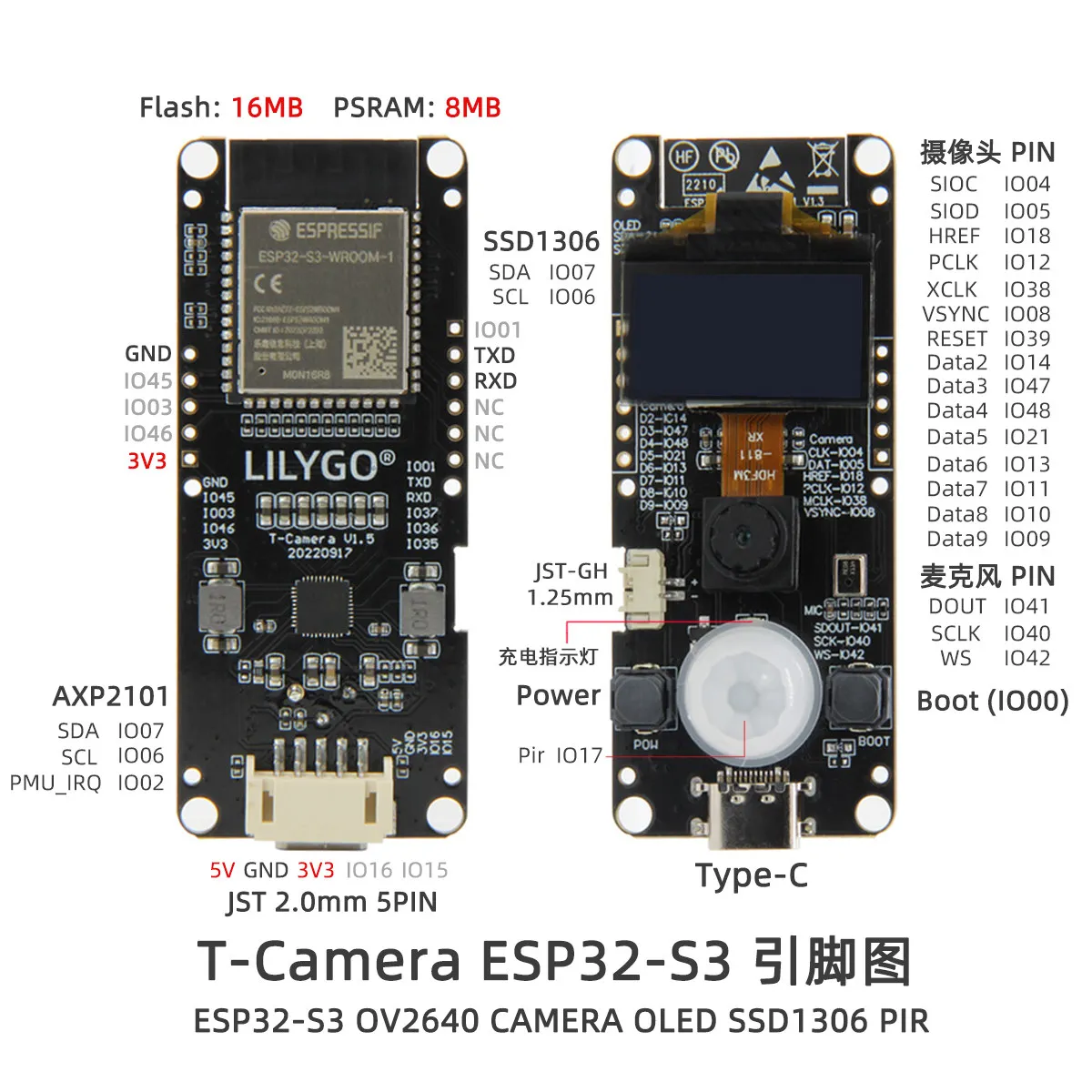 Фото Плата разработки LILYGO T-Camera-S3 ESP32-S3 с модулем WiFi и Bluetooth, OLED-дисплей 0.96 дюйма №2