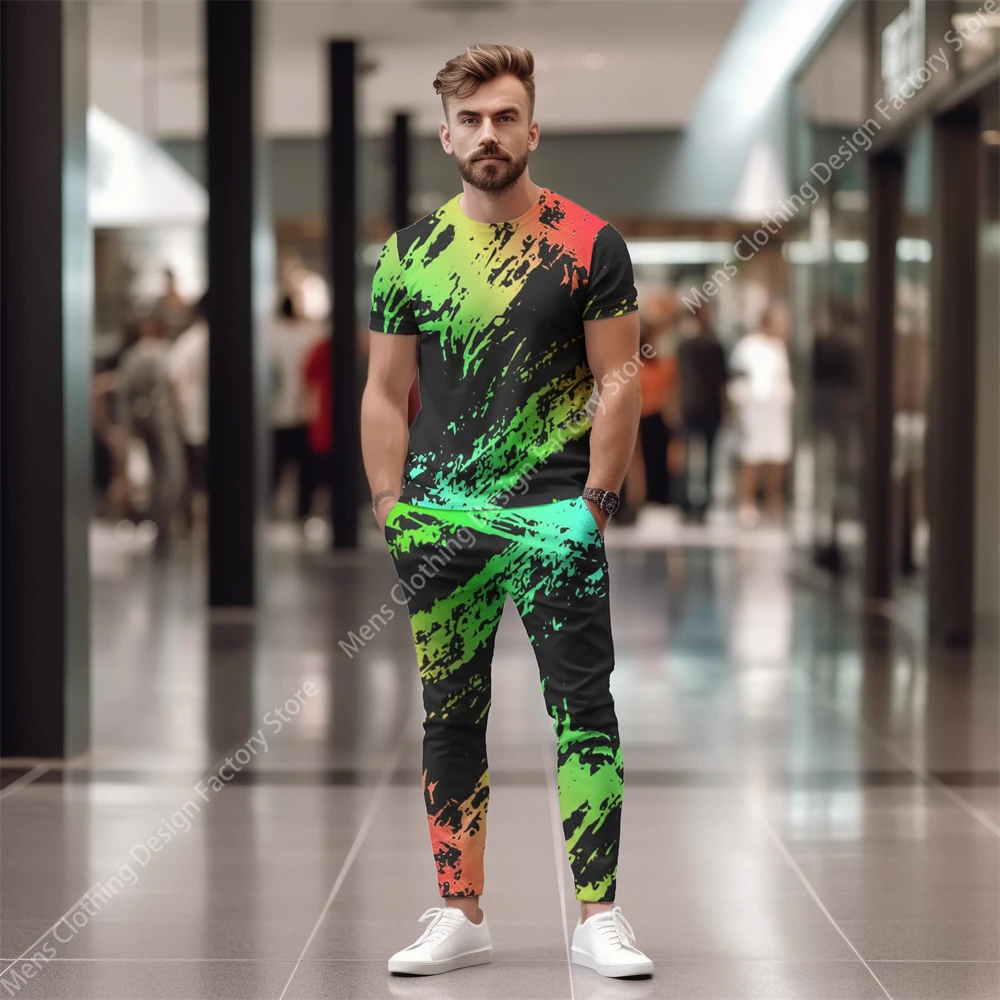 2023 New Men Short Sleeve T-Shirt+Pants Gradient 3D Print Two Piece Sets Tracksuit Men Fashion Casual Streetwear T Shirt For Men