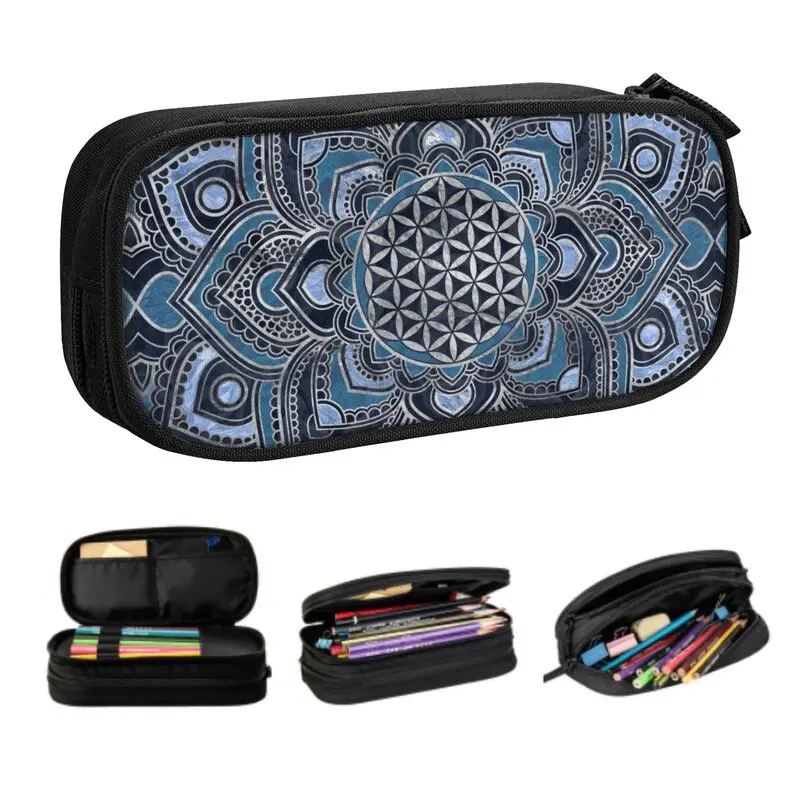 

Flower Of Life In Lotus Mandala Korean Pencil Cases Girls Boys Large Storage Zen Yoga Meditation Pencil Box Students Stationery