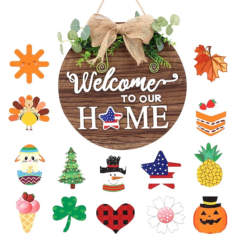 

Interchangeable Wooden Door Hanger Ornaments Seasonal Home Sign Welcome Decor Wooden Craft Diy Decorative Door Tags