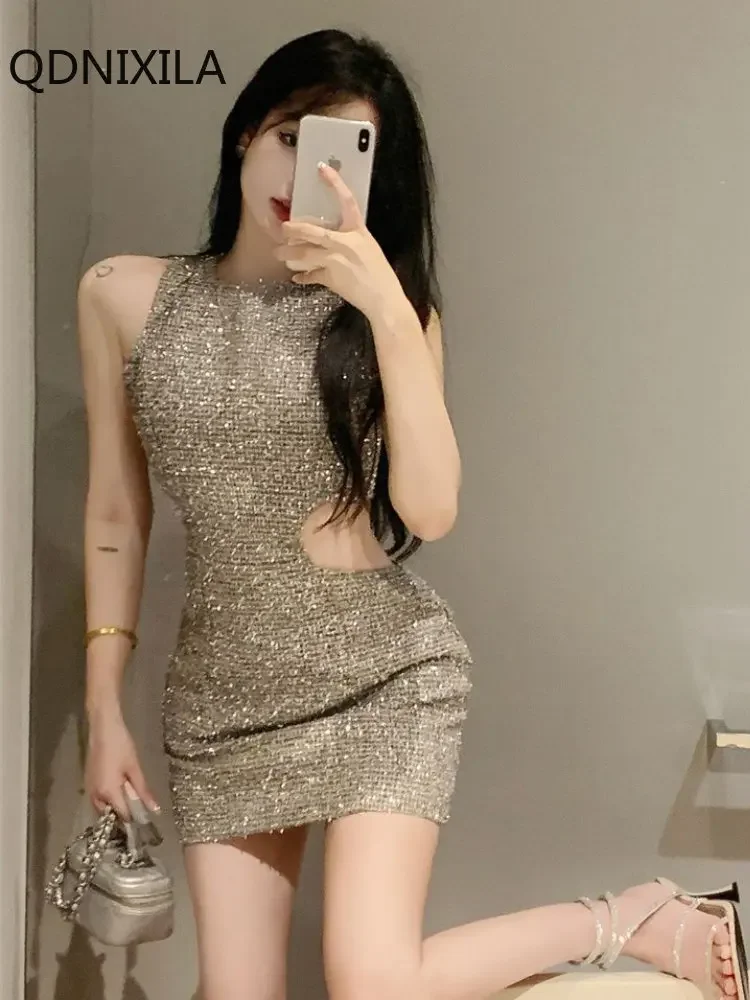 Женское платье с вырезами корейская мода высококачественные блестящие платья