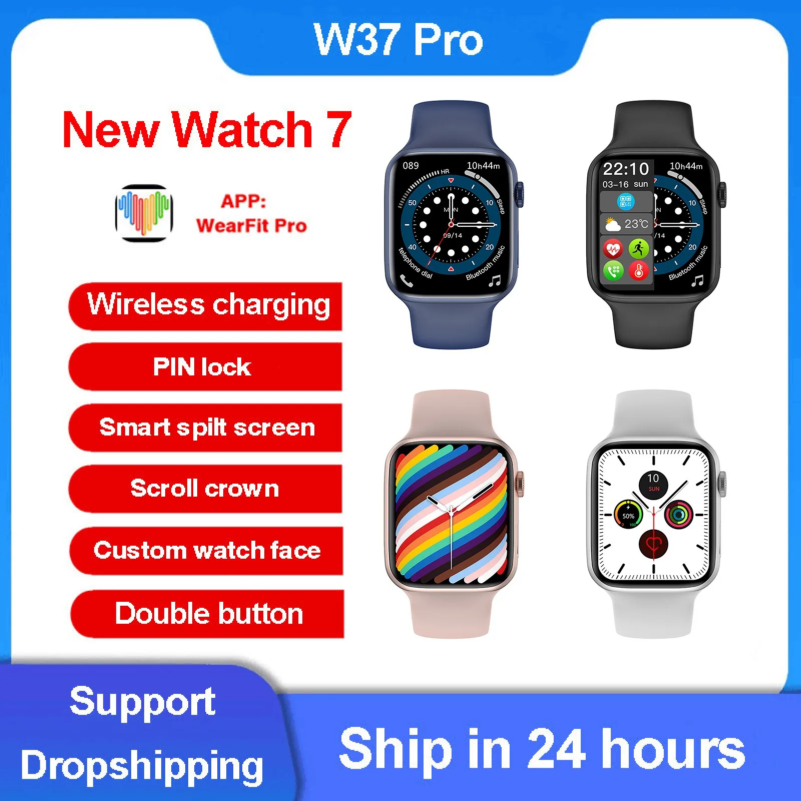 

IWO W37 Pro Смарт-часы с двумя кнопками Серия 7 подходит для 44 мм ремешка Bluetooth Вызов Беспроводное зарядное устройство IP68 Водонепроницаемые Смарт...