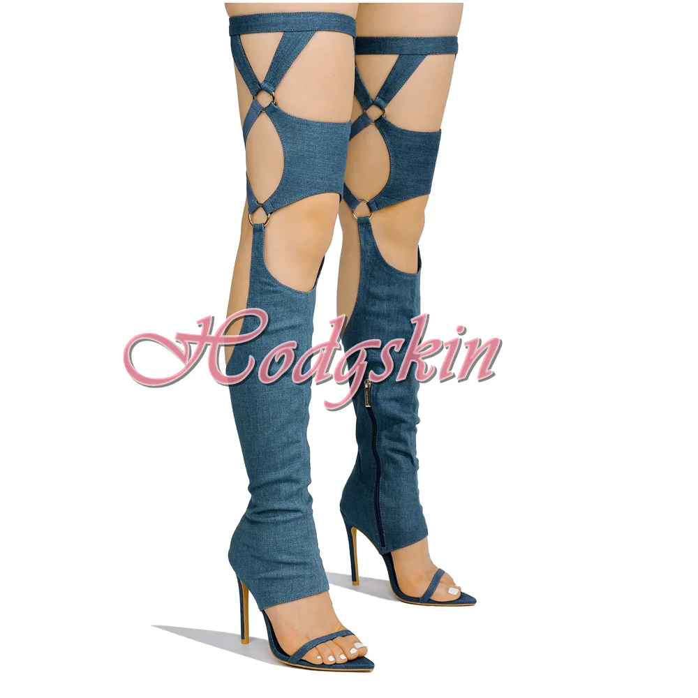 Босоножки с вырезами и открытым носком однотонные Сапоги выше колена на шпильке