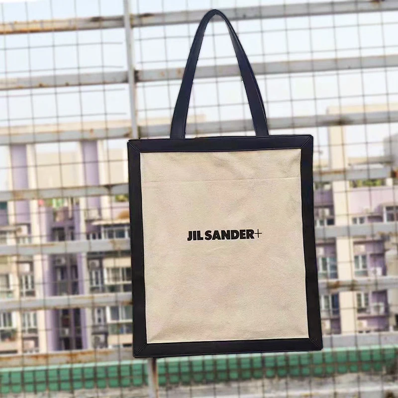 

Jil Sander+Women's Large Capacity One Shoulder Canvas Handbag with Cowhide Frame Spliced Simple Style Brand Luxury Tote Bag