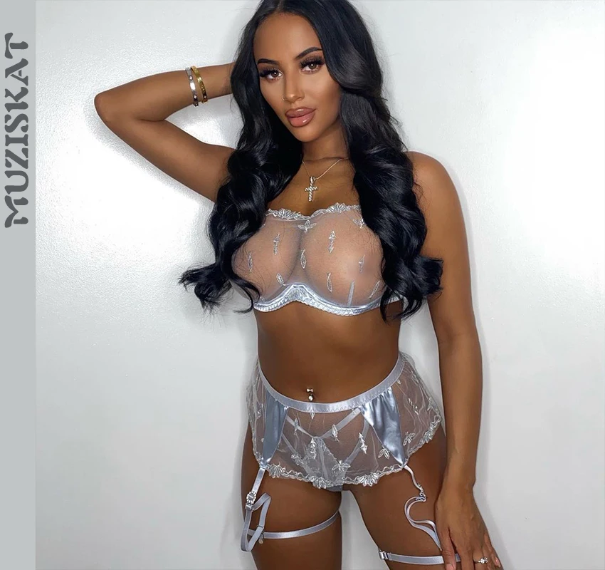 

3 шт., Комплект эротического кружевного нижнего белья, с вышивкой