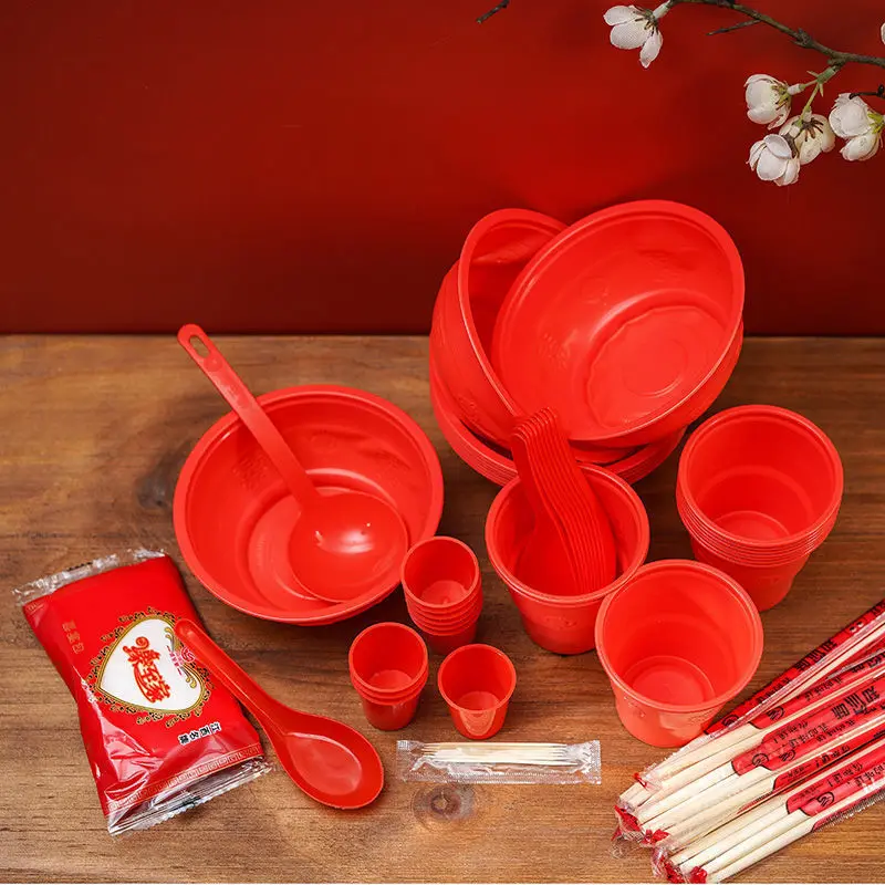 

Disposable Red Tableware, Banquet Set, Bowls And Chopsticks, Household Tableware, Banquet Banquet, Wedding Dining Cups, Spoons,