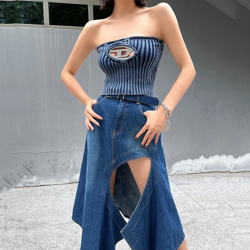

Fashion Classic Trendy Luxury Designer Cloth D Letter Girl Style Elastic Slim Hollow Sexy Knitted Tube Top for Women