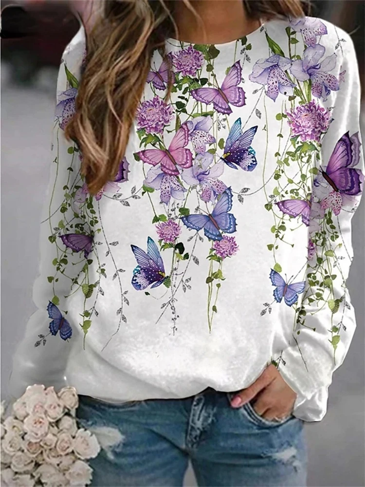 

2021 Autumn Women New Butterfly Floral Printed Sweatshirt Ladies O Neck Long Sleeve Casual Loose Hoodie Streetwear Pullover Tops