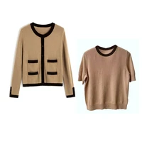 sweater women two pieces set 100 cashmere spliced knitted long sleeve pockets high quality top elegant style new fashion
