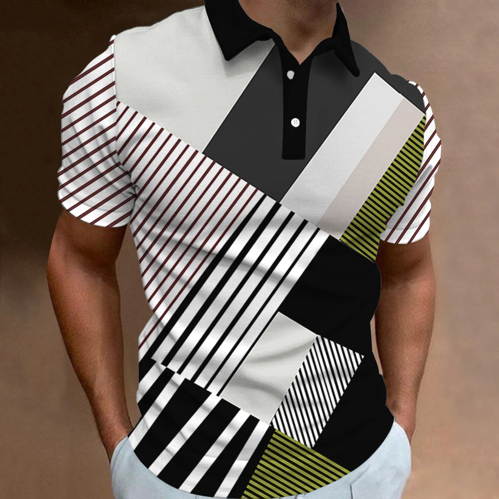 

Men'S Polo Shirt Fashion Golf Tees 3d Plaid Print Striped Streetwear Male Clothing Short Sleeve Button Down Casual Oversized Top