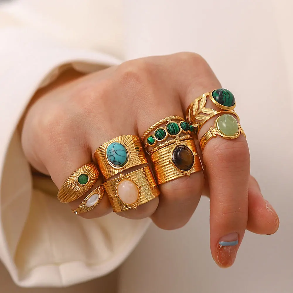 

Luxury High Quality Natural Stone Stainless Steel Gold Color Width Ring High Quality Classic Stylish Jewelry Women Party Gift