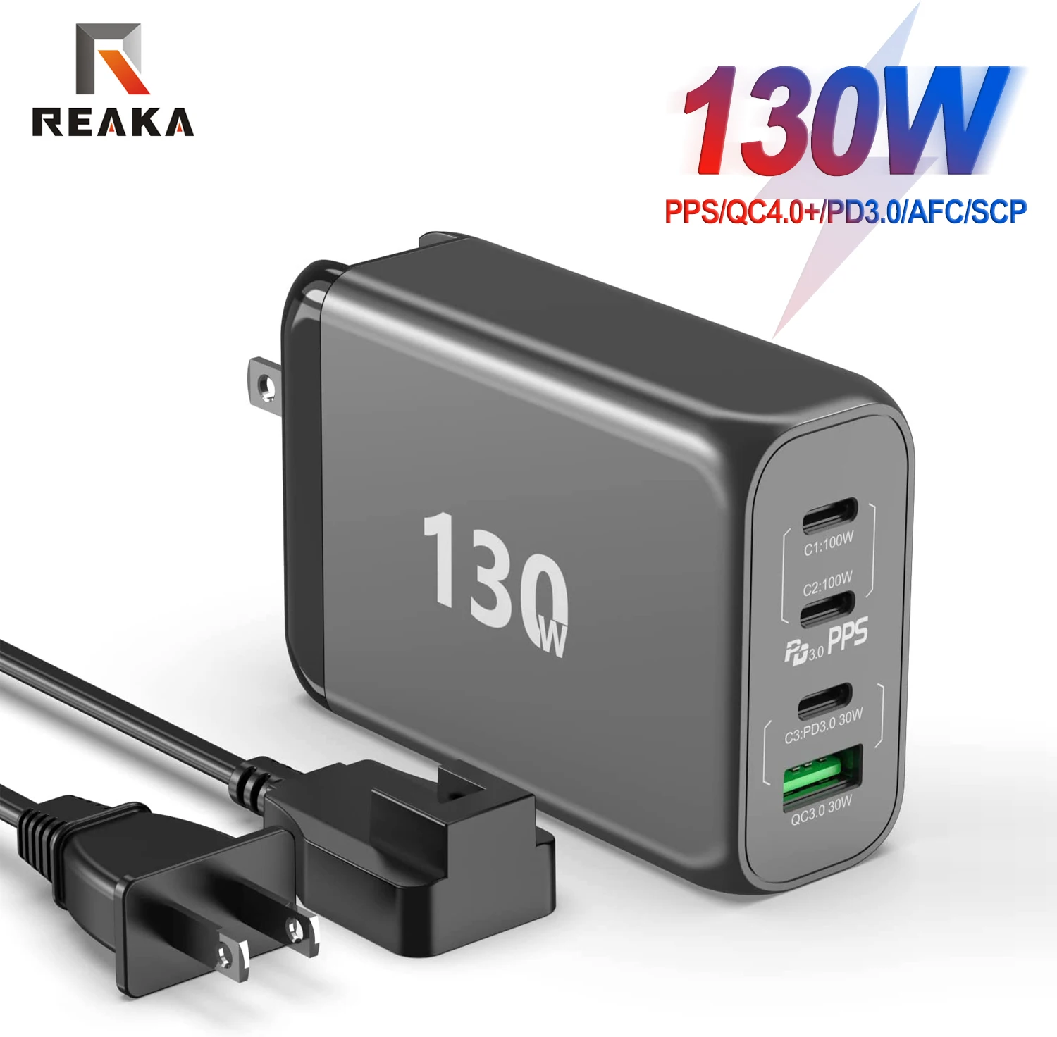 

130W USB C GaN Wall Charger 4 Port PD 100W PPS 45W Super Fast Charging Station Type-C Laptop QC Power Adapter AC Cable