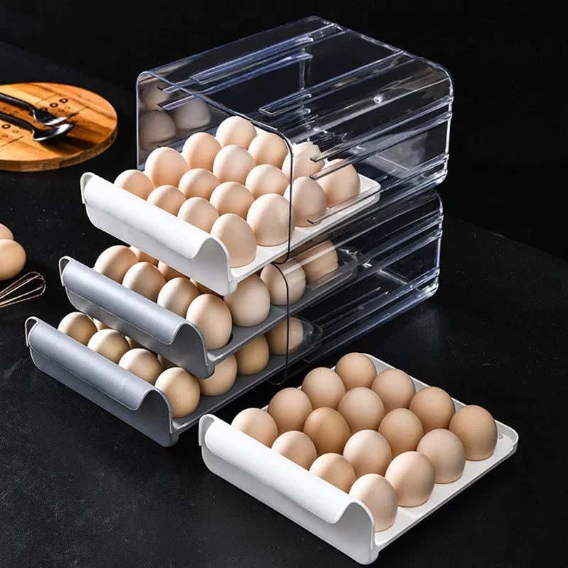 

New Automatic Rolling Egg Box Kitchen Items Refrigerator Storage Organizer Household Transparent Drawer Tray Space Saver