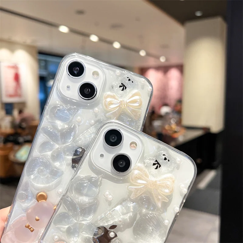 DIY 3D butterfly Transparent Protector For iphone 14 13 12 11Pro Max Plus  X XS XR Little Bear Soft Mobile phone case