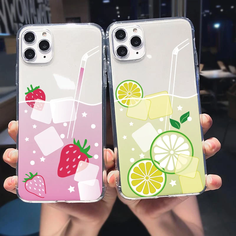 Soft Clear Case for Apple iPhone 13 12 11 Pro X XS Max Mini 7 8 Plus XR SE 2 3 Cute Thin Silicone Fruit Drink Phone Cover Fundas