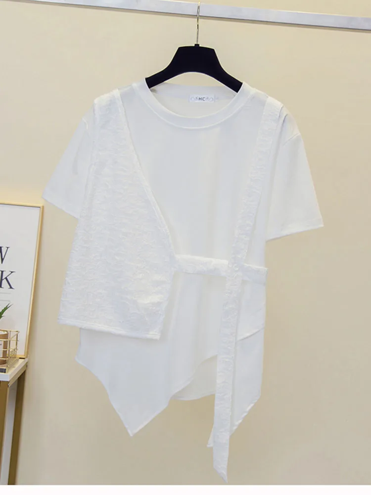 

Women Summer T-Shirts 2023 New Korean Version Temperament Loose and Fashionable Design Irregular Short Sleeve T-shirt D4016