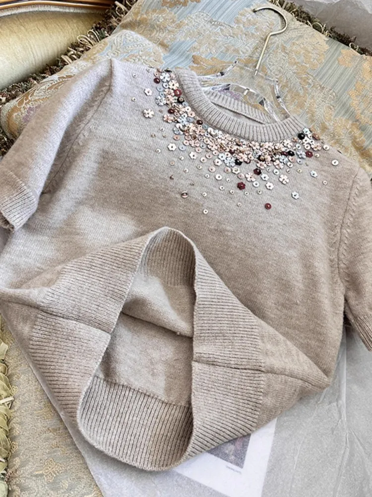 Женский Блестящий пуловер с блестками трикотажный джемпер круглым вырезом и