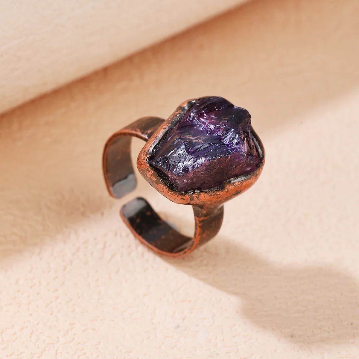 

Retro Natural Amethysts Irregular Adjustable Ring Raw Stone Freeform Opening Bronze Rings Healing Crystal Antique Copper Rings