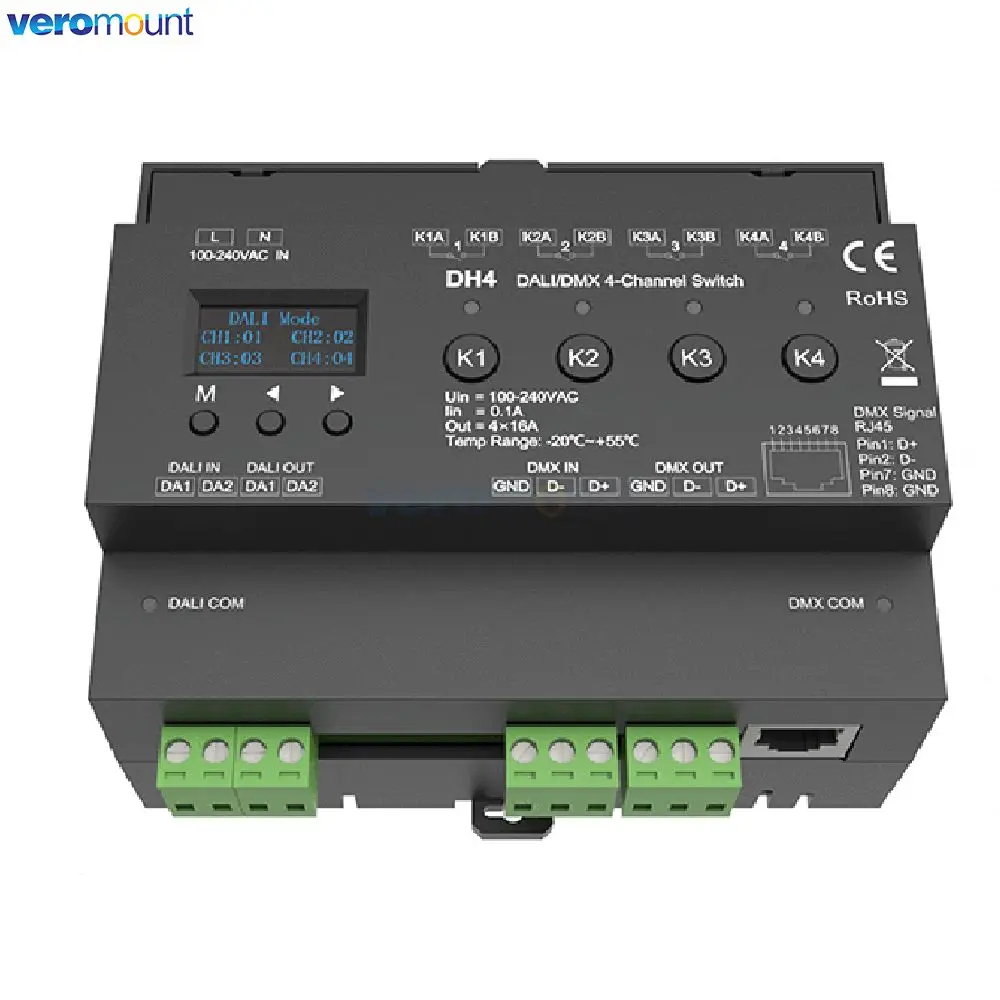 Skydance DH4 DALI DMX-переключатель OLED-дисплей Экранное реле 4 канала 16 А Выход с сухим