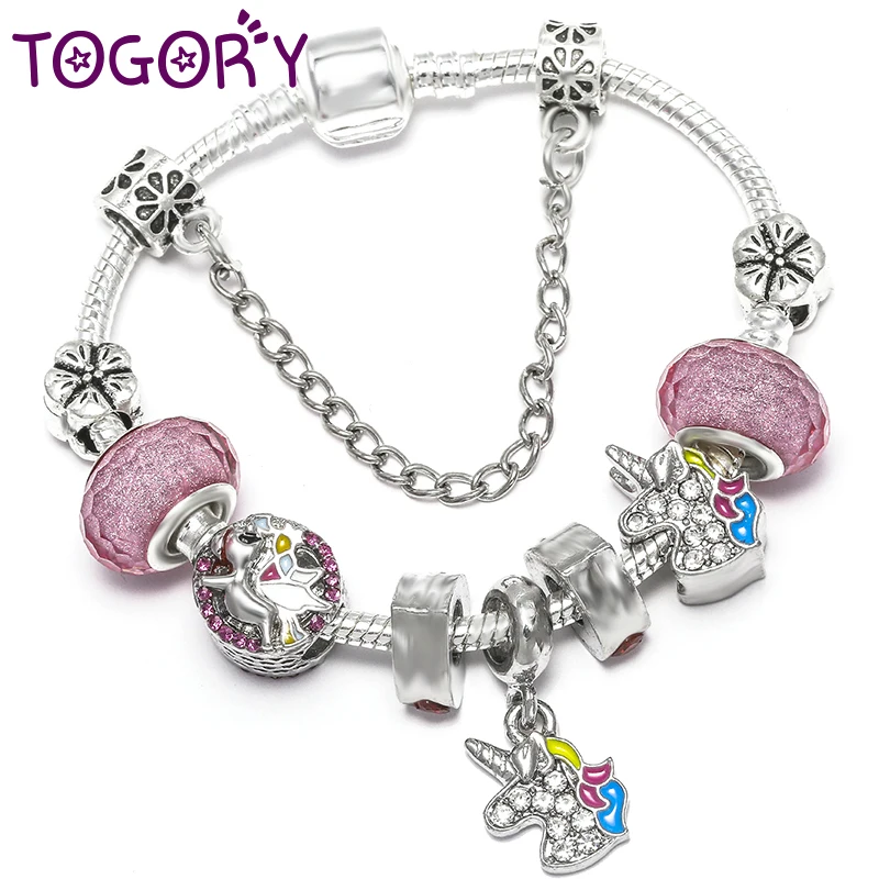 

TOGORY Dropshipping Pink Lovely Animal Pendant Beads Charm Bracelets For Women Cartoon Style Brand Bracelets Children Girls