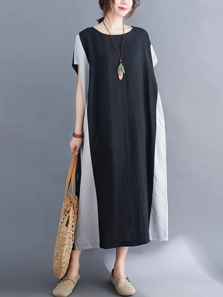 

Women Summer Casual Dress New Arrival 2022 Simple Style Patchwork Color Loose Comfortable Female Long Dresses B1935
