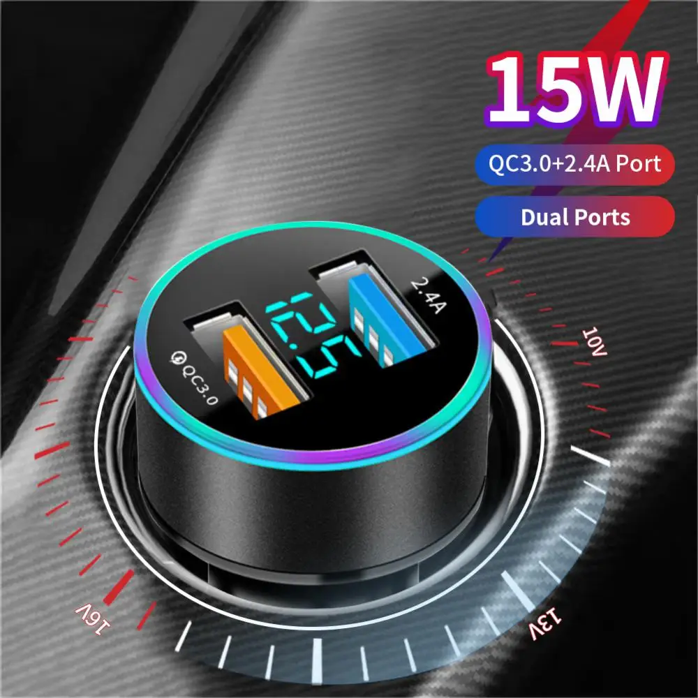 

2.4AQC3.0 Dual USB Car Charger LCD Display 12-24V Car Adapter Socket Smart Phone Mini Car Charger Compatible with All Cell Phone