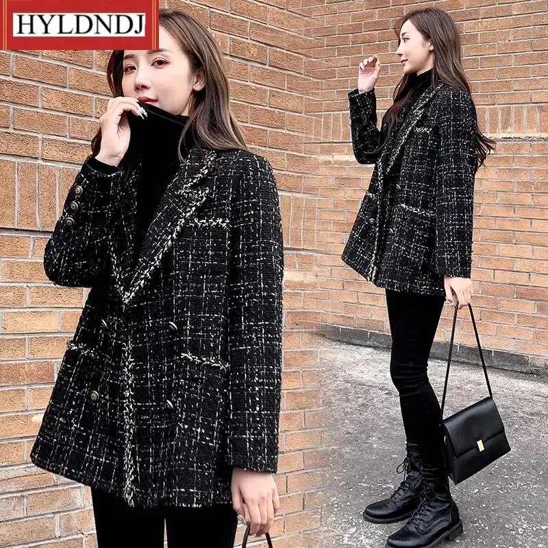 Double Breasted Fashion Suit Coats Black Plaid Blazer Women Autumn Winter Thicken Tweed Turn-Down Collar Vintage Blazer Jacket