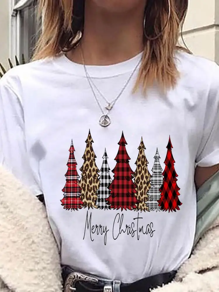 

Graphic Tee Merry Christmas New Year Women Fashion Plaid Tree Letter Trend Female Clothing T Print Short Sleeve Casual T-shirts