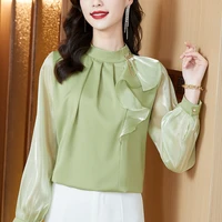 womens solid blouse chiffon ruffles tops for women patchwork long sleeve top white stand neck clothing female 2022 basic blouse