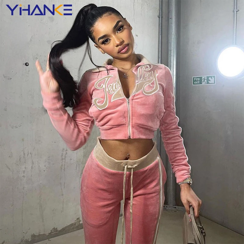 

Женский Бархатный спортивный костюм с вышивкой и надписью, комплект из 2 предметов, свитшот на молнии для фитнеса и спортивные штаны, подход...