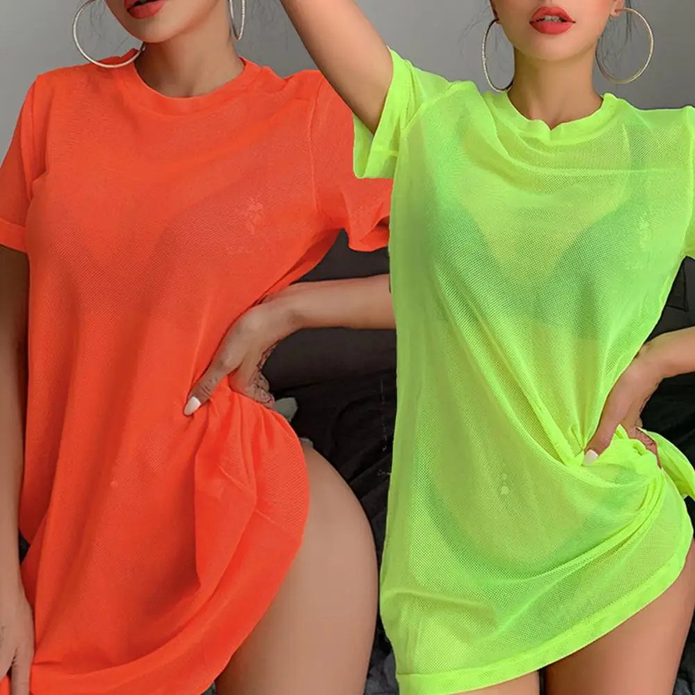 

Summer Beach Dress Women Sheer Mesh Bikini Cover Up Swimsuit Bathing Suit Swimwear See Through Short Sleeve T-shirt Tops