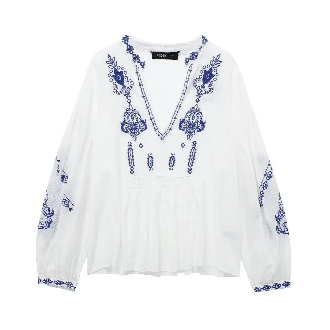 Женская рубашка с вышивкой V-образным вырезом и бусинами в европейском